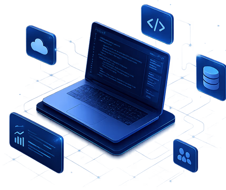 Ecossistema digital com laptop, código, nuvem, dados e resultados — engenharia de software Novvys